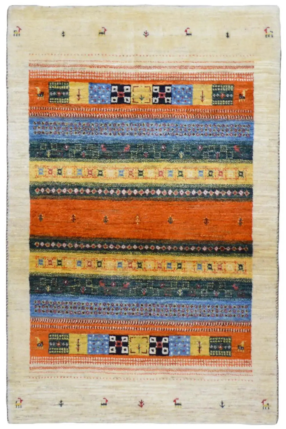 Gabbeh rug with a geometric striped pattern in orange, blue, and cream, 128x86 cm