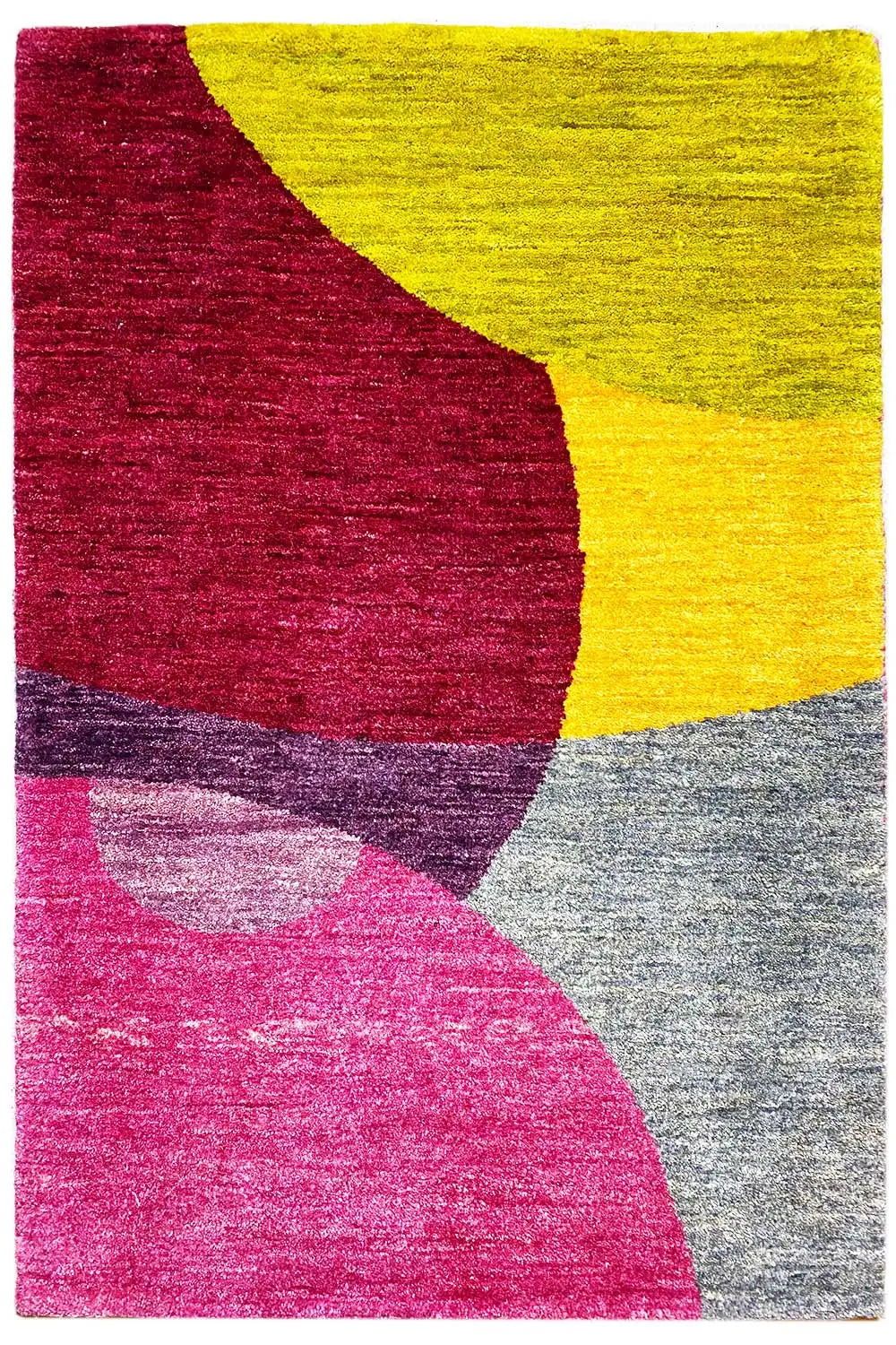 Gabbeh rug front view: geometric color fields in magenta, yellow, gray, and dark red
