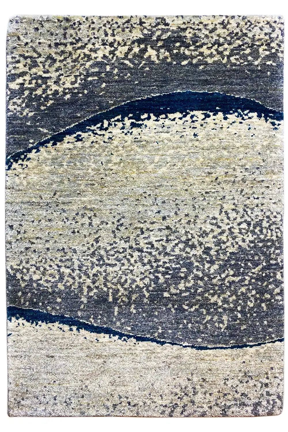 Gabbeh rug with an abstract round-arch pattern in light beige, gray and dark blue