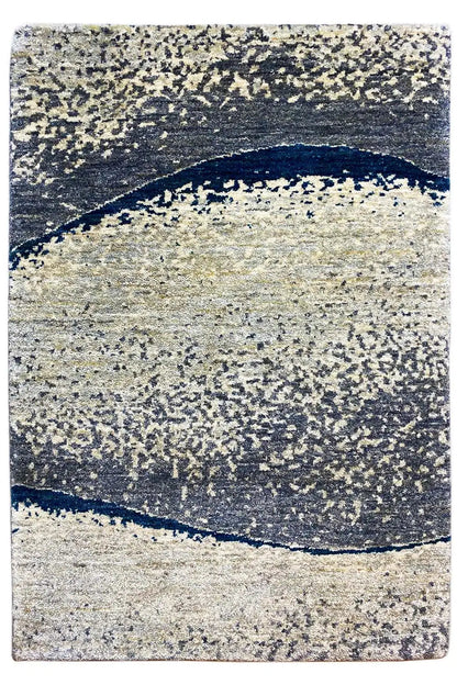 Gabbeh rug with an abstract round-arch pattern in light beige, gray and dark blue