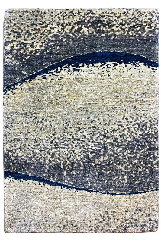 Gabbeh rug with an abstract round-arch pattern in light beige, gray and dark blue