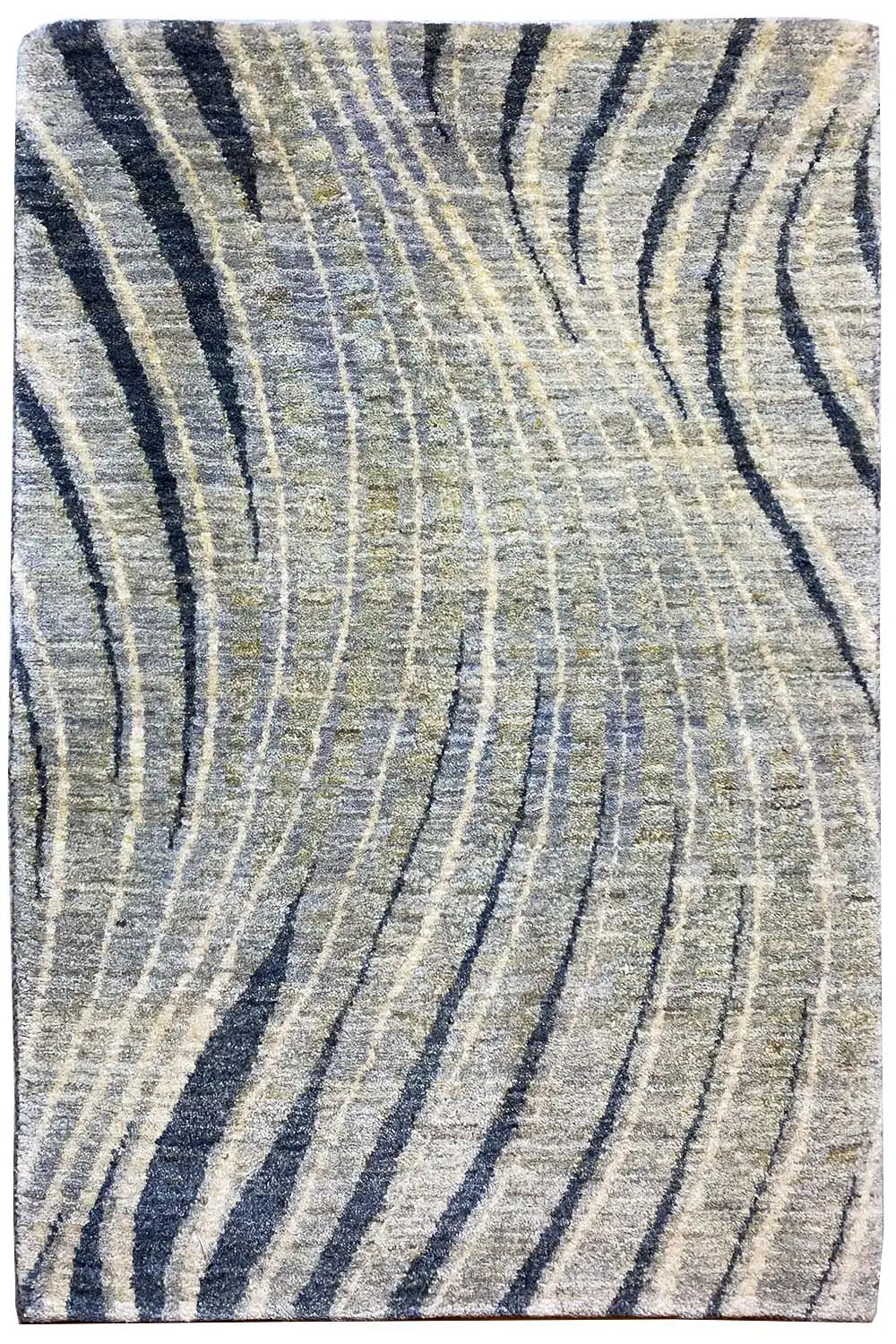 Gabbeh rug with a beige background and dark blue curved lines, 89x56 cm