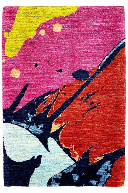 Gabbeh rug 89x60 cm with an abstract design in pink, red, light blue, yellow and dark blue
