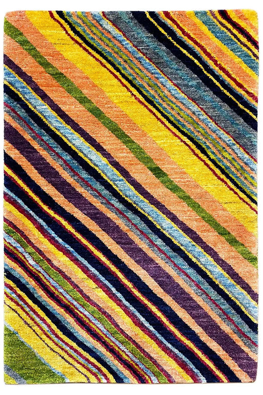 Gabbeh rug with multicolored stripes, rectangular and flat