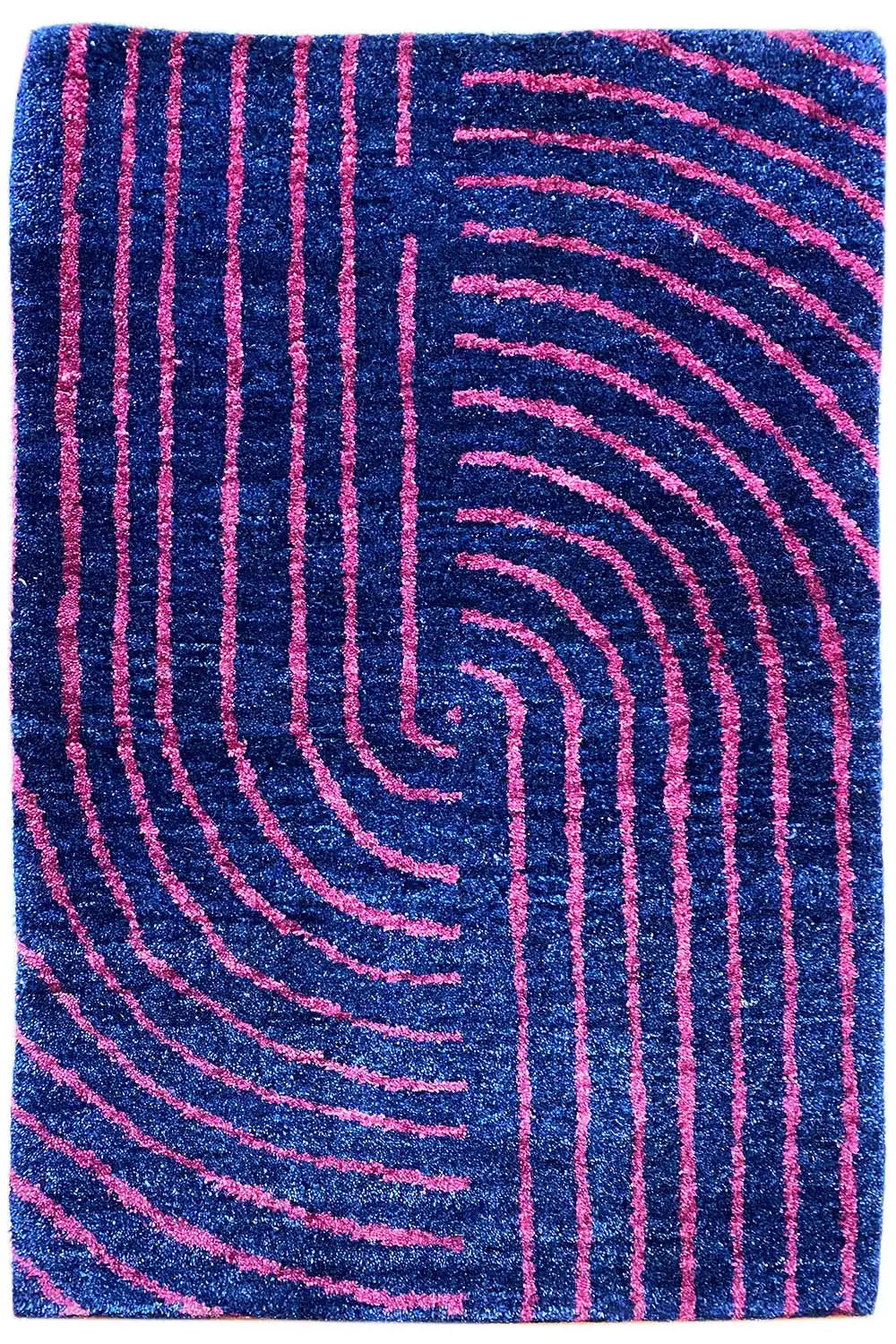 Rectangular Gabbeh rug: curved stripes in dark blue and pink