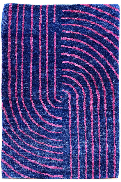 Rectangular Gabbeh rug: curved stripes in dark blue and pink