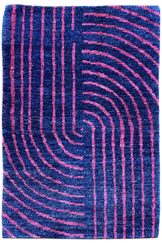 Rectangular Gabbeh rug: curved stripes in dark blue and pink