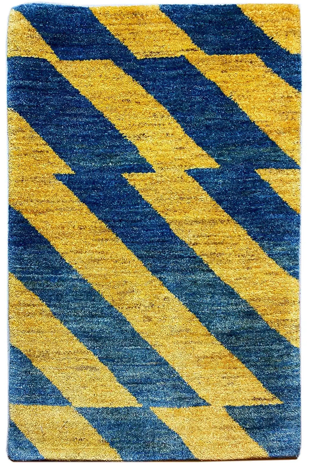 Gabbeh rug made of virgin wool with yellow-blue zigzag stripes, rectangular