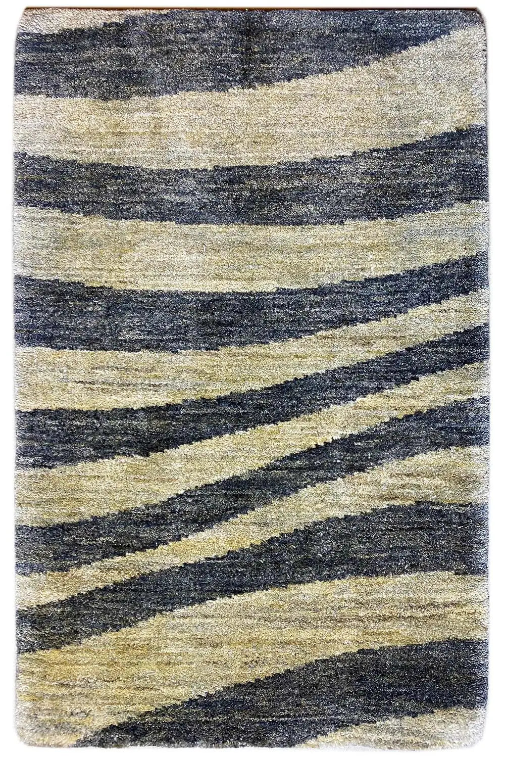 Rectangular striped rug, blue-gray and beige, uniform pattern, short pile