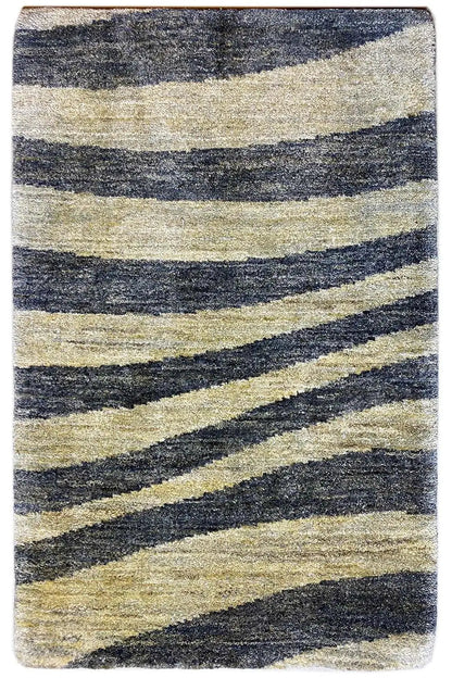 Rectangular striped rug, blue-gray and beige, uniform pattern, short pile