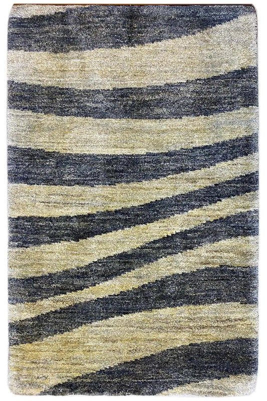 Rectangular striped rug, blue-gray and beige, uniform pattern, short pile