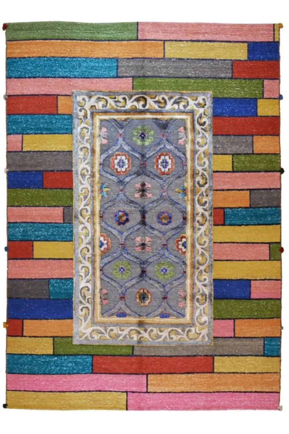 Rug with multicolored stripes and a rectangular blue border medallion