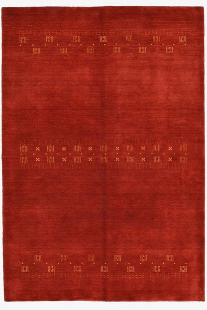 Gabbeh handwoven rug, 241x171 cm, red design with a central field and gold-colored pattern
