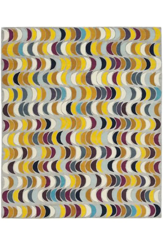 Rectangular rug with wavy stripes in yellow, blue, green and cream