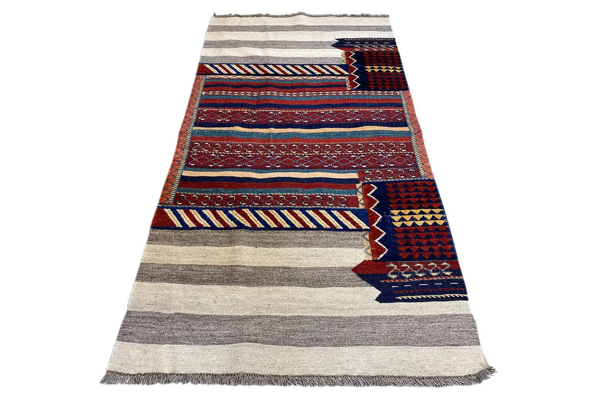 Kilim rug with geometric bands and color blocks, gray, red, blue