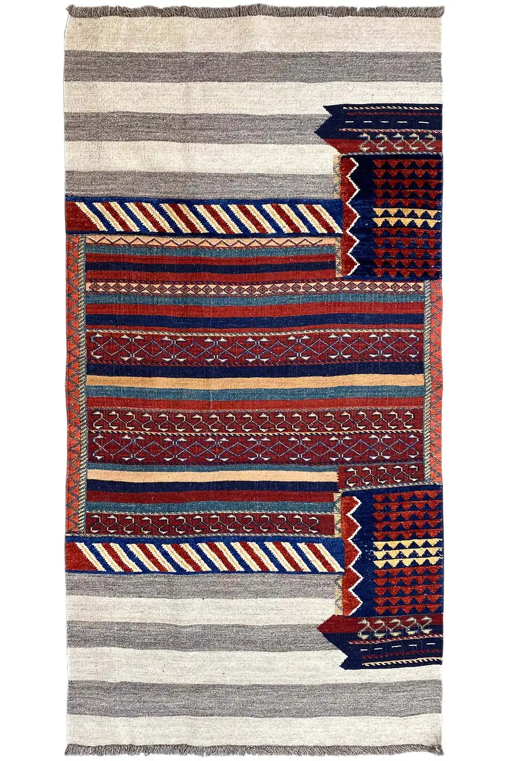 Kilim rug with wide gray stripes and a red and blue border pattern, 195x102 cm