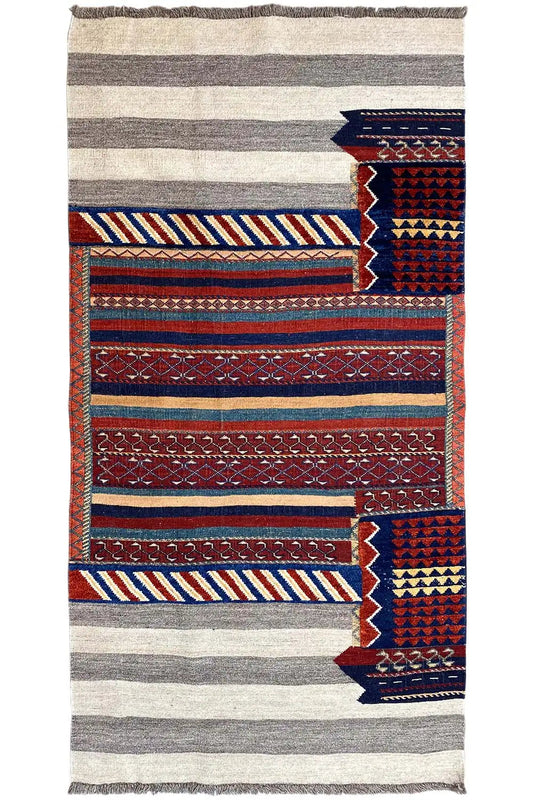 Kilim rug with wide gray stripes and a red and blue border pattern, 195x102 cm