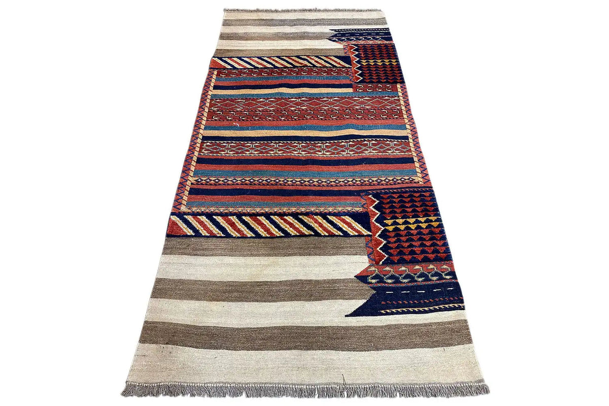 Kelim Bakhtiari rug runner with stripes and diamonds, fringed edge, red-blue