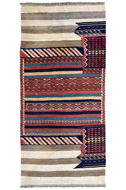 Rectangular Kelim Bakhtiari rug with borders and diamonds, fringed edge, red-blue