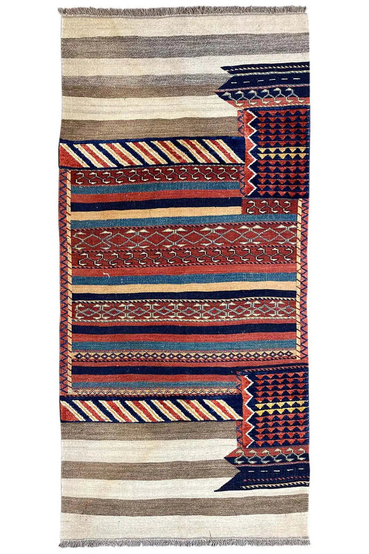 Rectangular Kelim Bakhtiari rug with borders and diamonds, fringed edge, red-blue