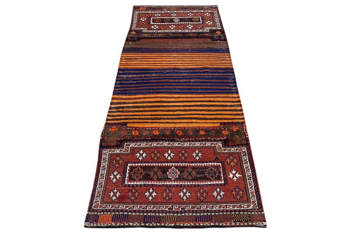 Bakhtiari kilim (238 x 90 cm), elongated rectangular: striped central area with red ornamental sections