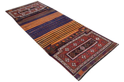 Bakhtiari kilim (238 x 90 cm), laid out: orange-blue stripes with a dark red ornamental field