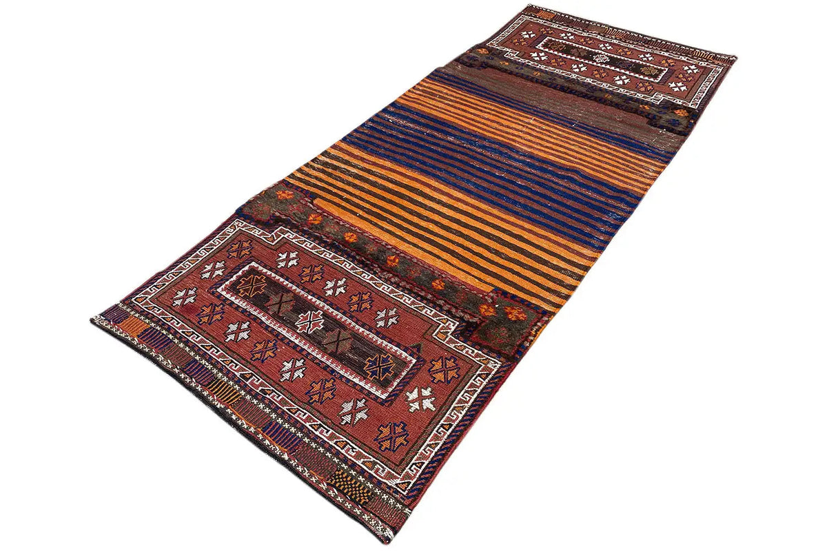 Bakhtiari kilim (238 x 90 cm) laid flat, striped pattern and borders with decorative panels