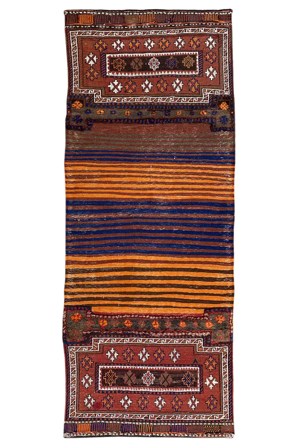 Bakhtiari kilim (238 x 90 cm), rectangular, with a red central field, stripes, and decorative panels