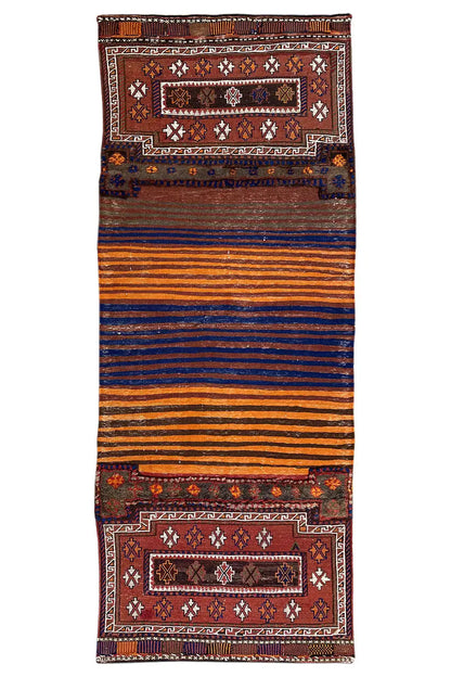 Bakhtiari kilim (238 x 90 cm), rectangular, with a red central field, stripes, and decorative panels