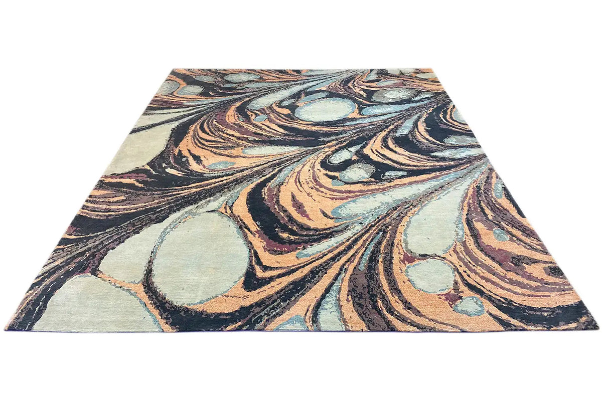 Designer rug Bo Hamsa with an abstract swirl pattern in beige, blue, brown, and black