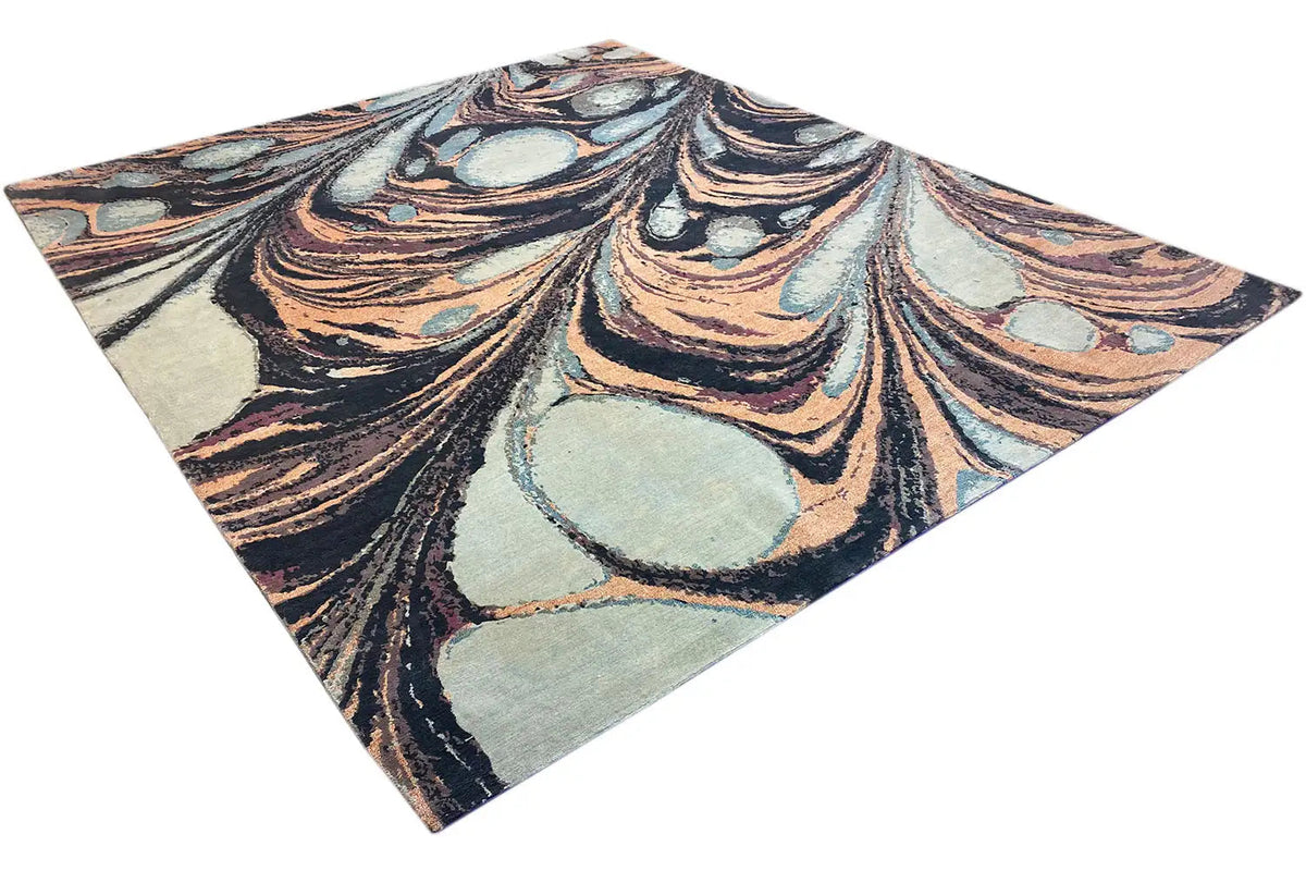 Designer rug Bo Hamsa with an abstract design in light blue, beige, brown and black