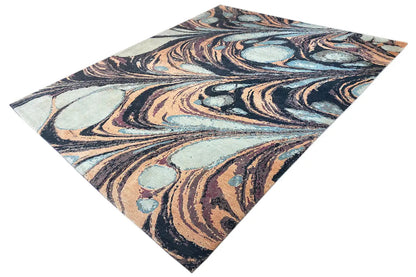 Designer rug Bo Hamsa with colorful arches and circles, light blue, beige and brown