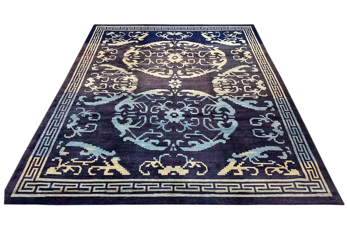 Designer rug with a geometric ornamental pattern, dark blue and beige accents, border