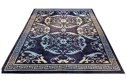 Designer rug with a geometric ornamental pattern, dark blue and beige accents, border