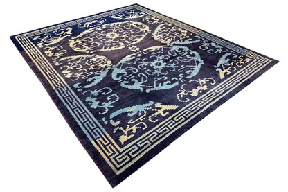 Designer rug with Bo-Hamsa motif, dark blue, light beige ornaments, border edging