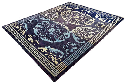 Designer rug with a Bo-Hamsa motif, blue-purple with light-colored ornaments, geometric border