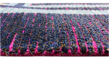 Rug pile with multicolored low pile and fringes, blue, purple, and pink accents