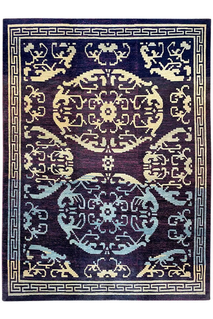 Designer rug with Bo-Hamsa motif, dark blue and gold ornaments, border