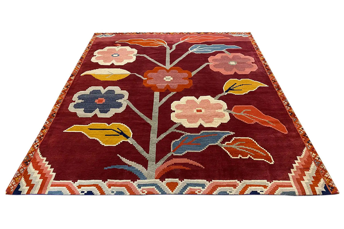 Designer rug Bo Hamsa, 304x253 cm: red rug, draped, with flowers, branches and birds