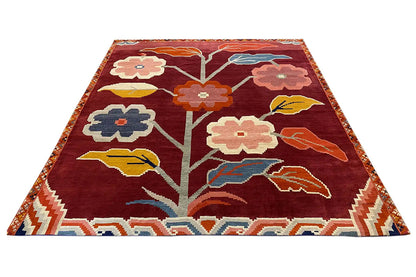 Designer rug Bo Hamsa, 304x253 cm: red rug, draped, with flowers, branches and birds