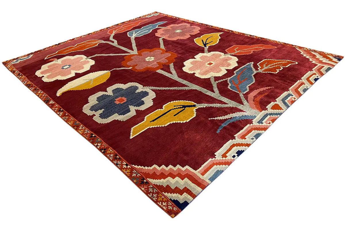 Designer rug Bo Hamsa, 304x253 cm: red pattern with flowers, birds, and zigzag border