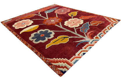 Designer rug Bo Hamsa, 304x253 cm: red pattern with flowers, birds, and zigzag border