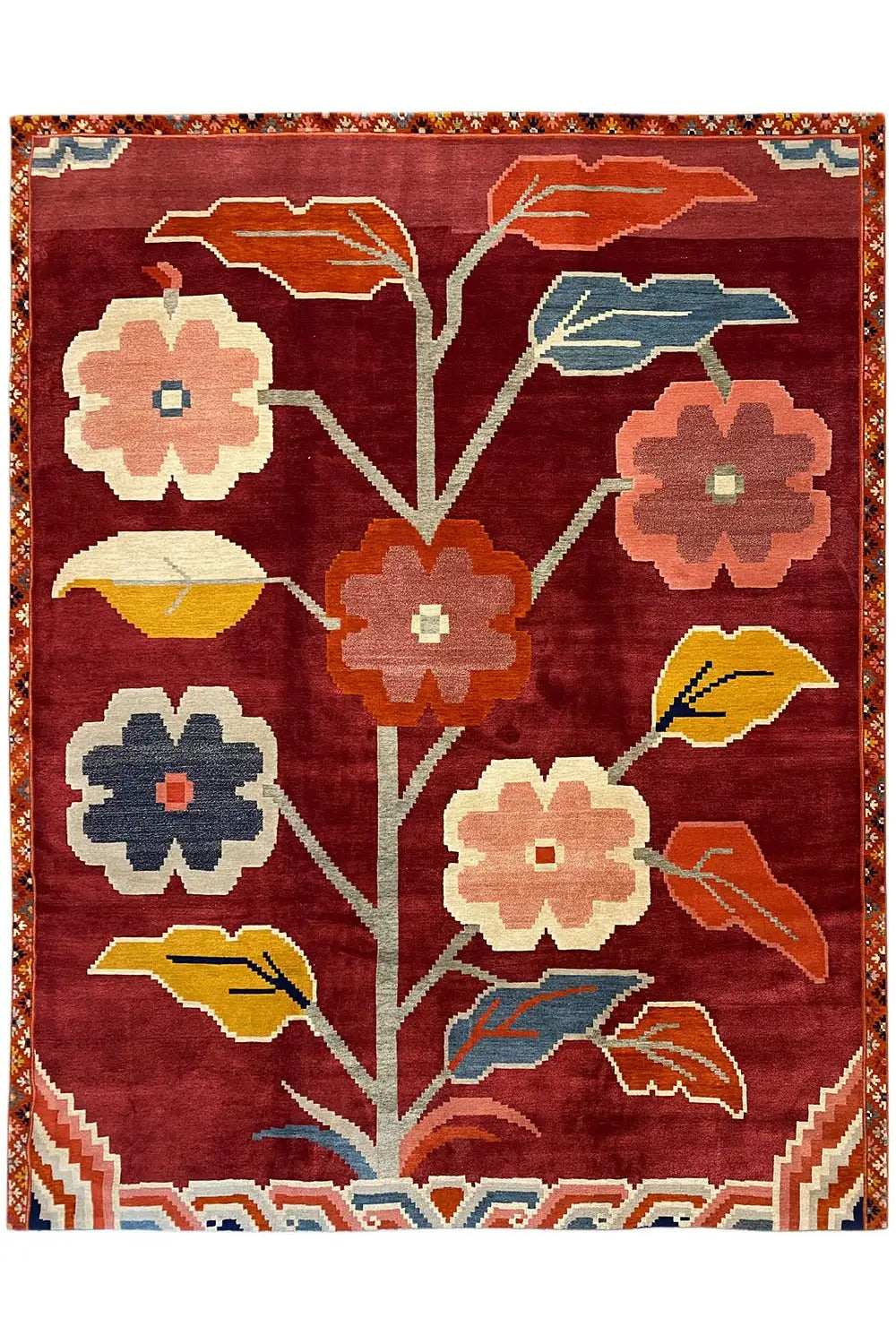 Designer rug Bo Hamsa, 304x253 cm: red woven rug with tree motifs and flowers