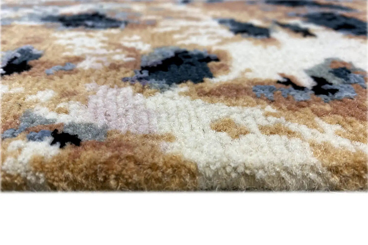Designer rug with Bo-Hamsa pattern, beige pile and dark geometric shapes