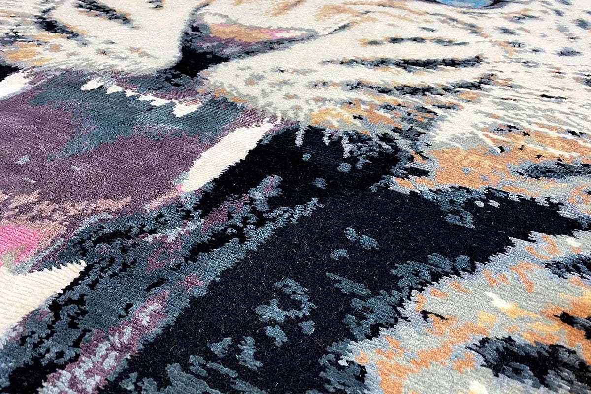 Designer rug with Bo-Hamsa pattern, multicolored pile with a dark patterned area