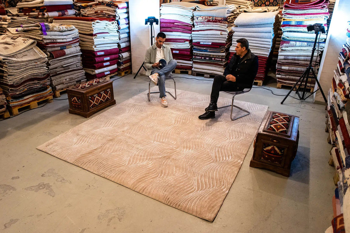 Pascal Walter “Waves” rug: beige rectangular rug with a wave pattern (307x252 cm)