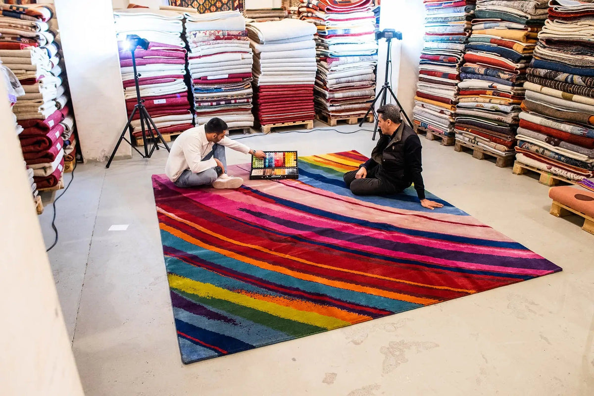Colorful striped rug with multicolored bands in a rainbow design