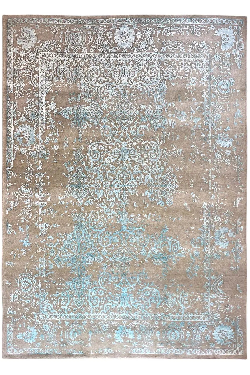 Designer rug with a beige base and turquoise ornaments, square pattern