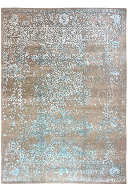 Designer rug with a beige base and turquoise ornaments, square pattern