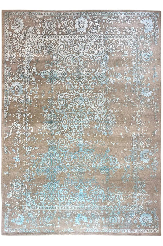 Designer rug with a beige base and turquoise ornaments, square pattern